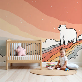 Polar bear rainbow mural wallpaper in modern nursery with white crib by Kids-Mundo