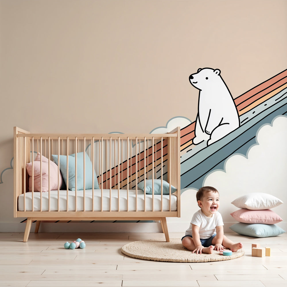 Polar bear rainbow mural wallpaper in bright nursery setting by Kids-Mundo