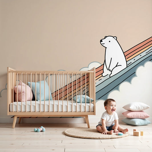Polar bear rainbow mural wallpaper in bright nursery setting by Kids-Mundo