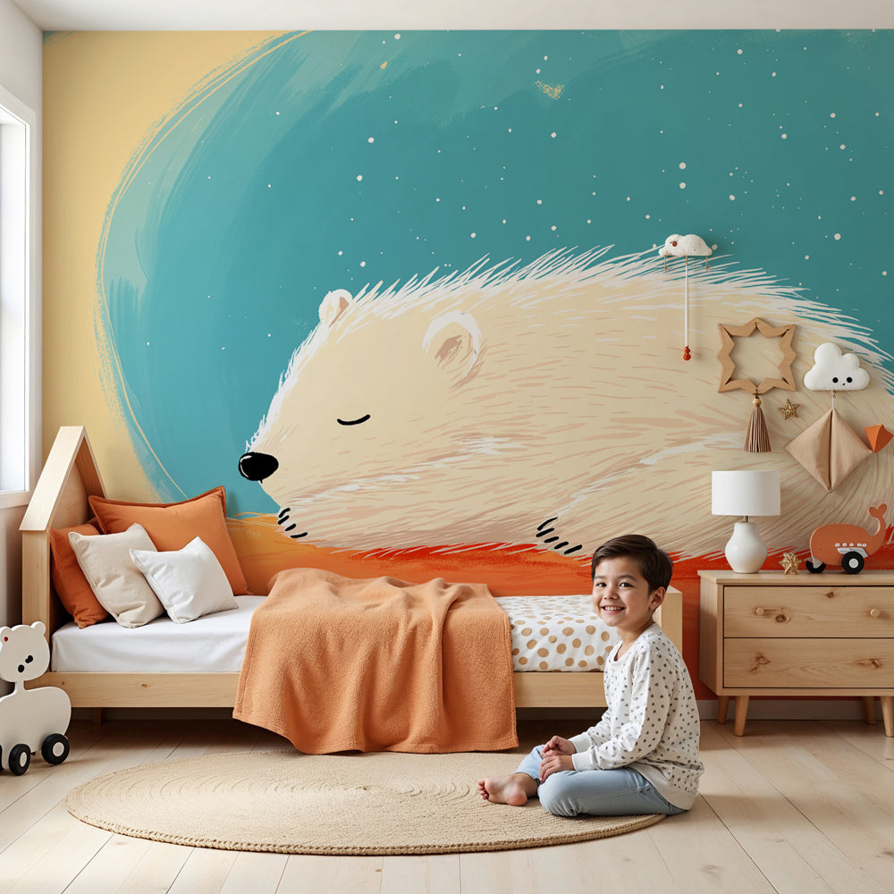 Polar bear mural wallpaper in modern nursery room with moon and stars design by Kids-Mundo