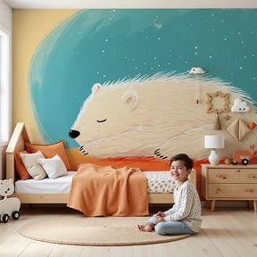 Polar bear mural wallpaper in modern nursery room with moon and stars design by Kids-Mundo