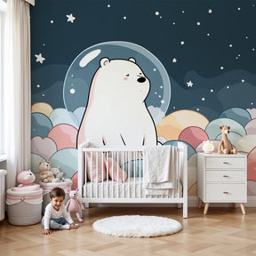 Polar bear celestial mural wallpaper in modern baby nursery with wooden crib by Kids-Mundo