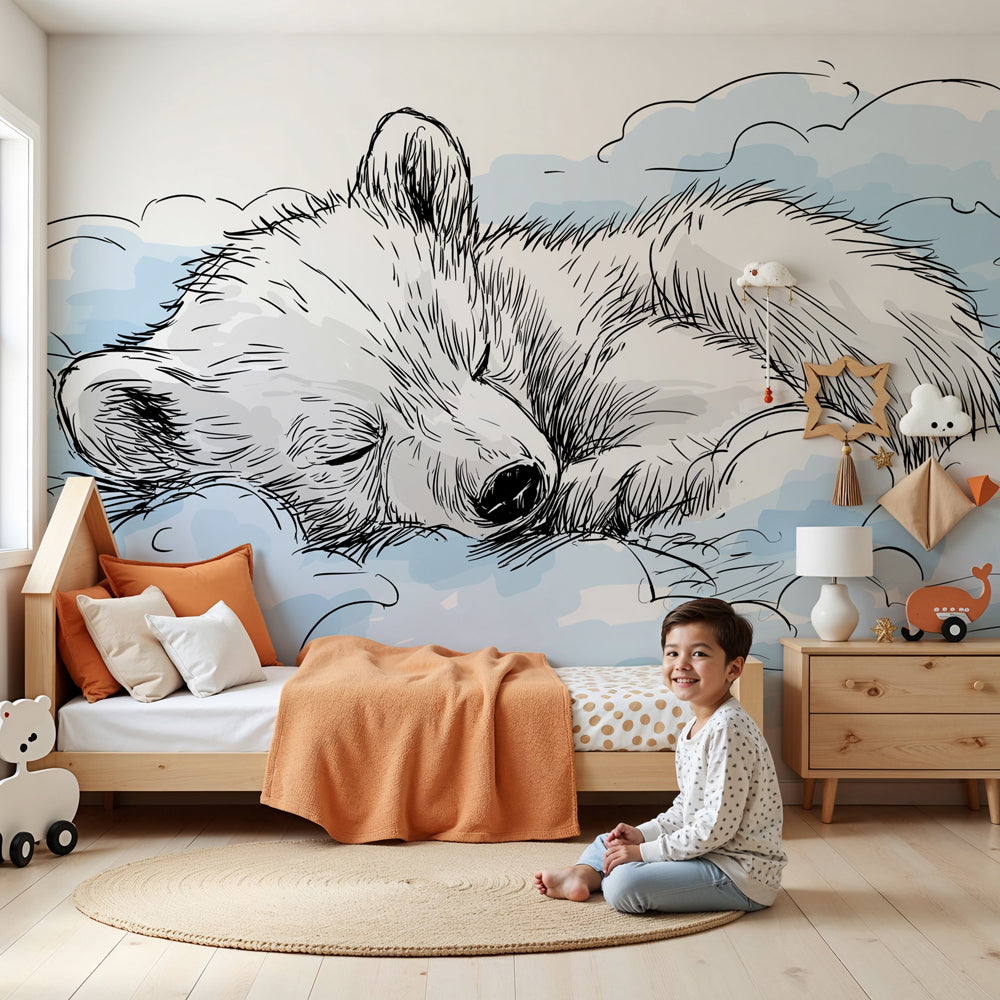Polar bear mural wallpaper in modern nursery with sleeping bear in clouds by Kids-Mundo