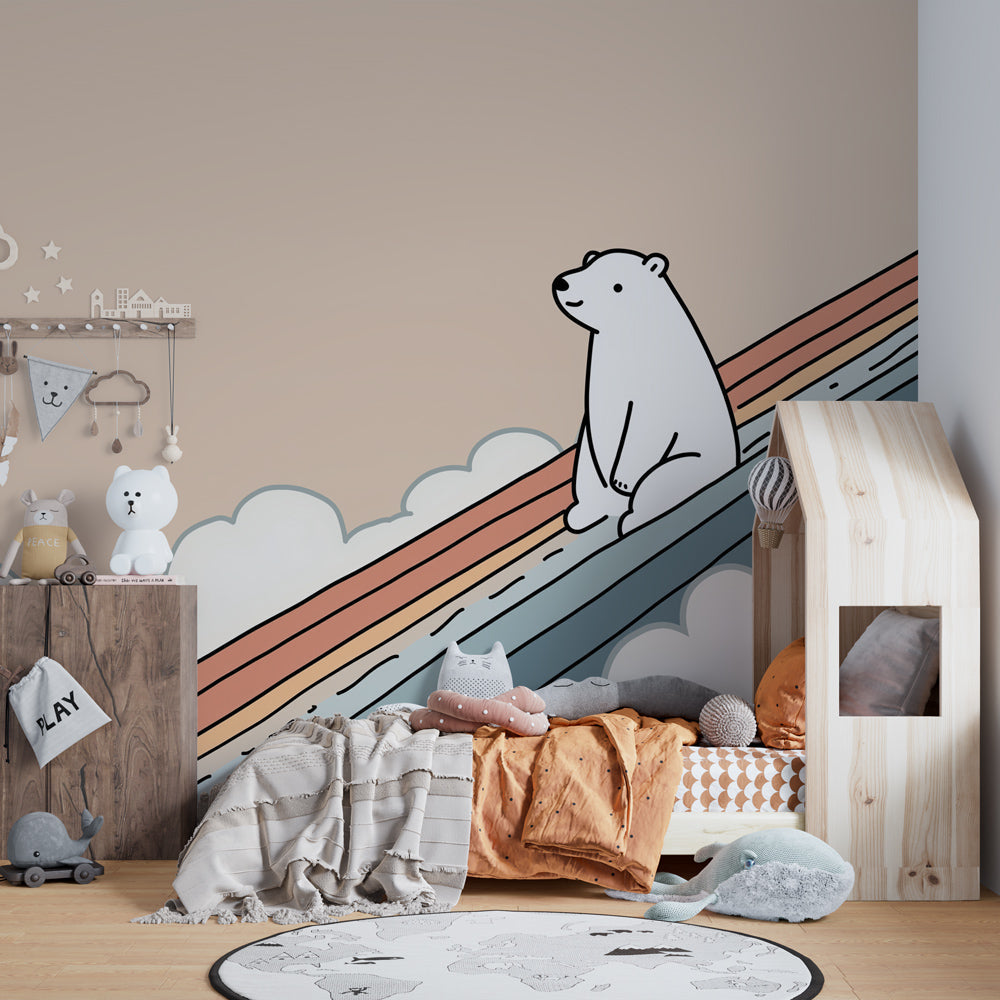 Soft pastel polar bear mural wallpaper for cozy baby room decor