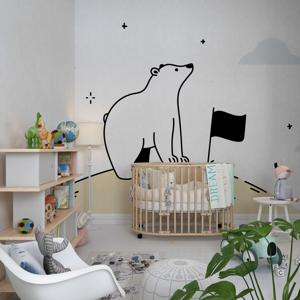 Adventure polar bear mural wallpaper with wooden furniture in toddler room