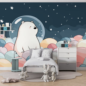 Starry polar bear mural wallpaper with colorful spheres in cozy children's bedroom