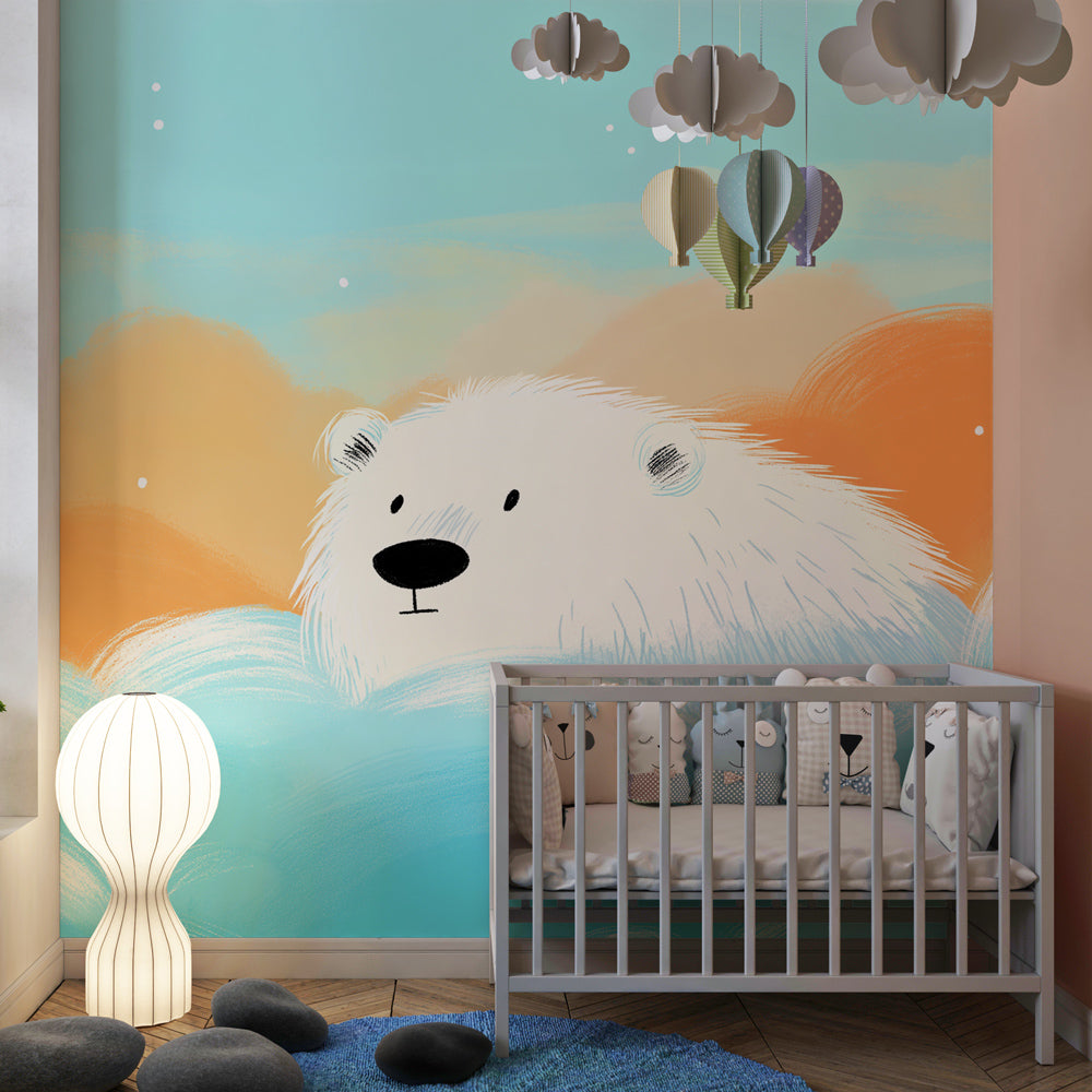 Cloud theme polar bear mural wallpaper transforming children's bedroom into magical space