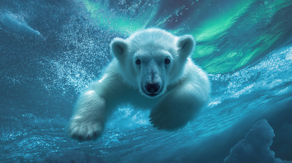 Kids-Mundo flat artwork of a polar bear swimming beneath the northern lights