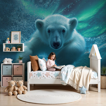 Kids-Mundo polar bear wall mural with northern lights styled in a nursery