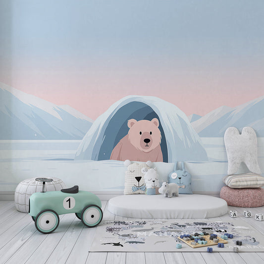 Kids-Mundo snow igloo bear mural wallpaper on a feature wall in a child's winter-themed bedroom