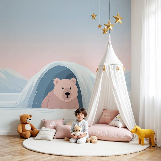 Kids-Mundo polar bear igloo wall mural styled behind a cot in a soft pastel baby nursery