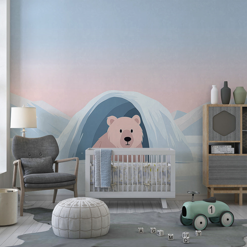 Kids-Mundo polar bear peeking from an igloo mural covering a playroom wall with snowy mountains