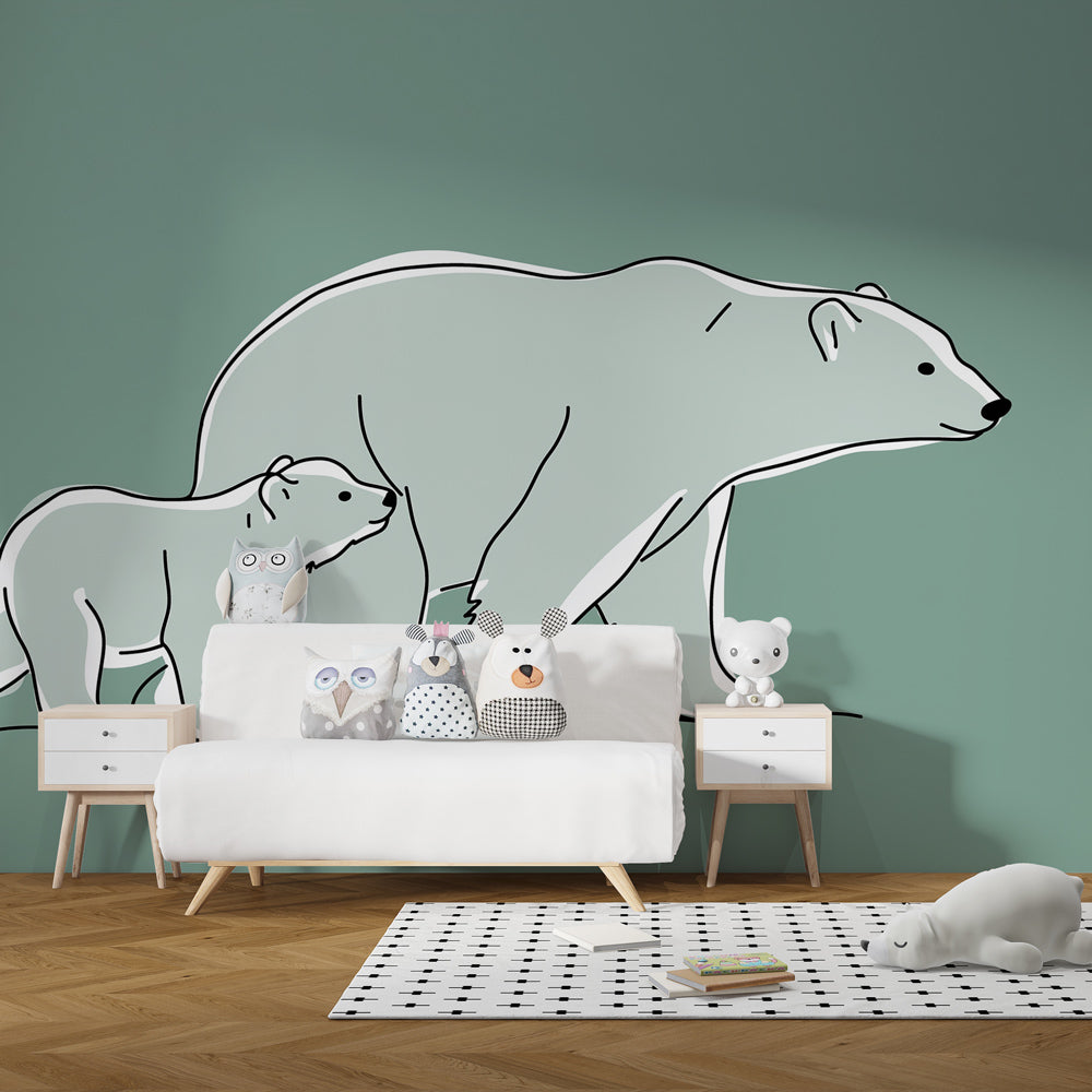 Arctic animal wallpaper with polar bear family in cozy children's bedroom setting