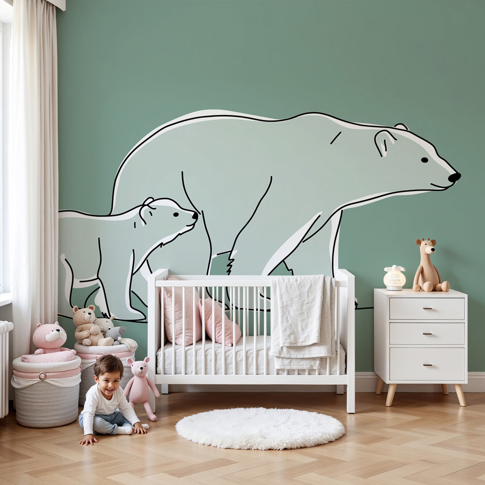 Polar bears mural wallpaper creating peaceful Arctic atmosphere in modern kids nursery by Kids-Mundo