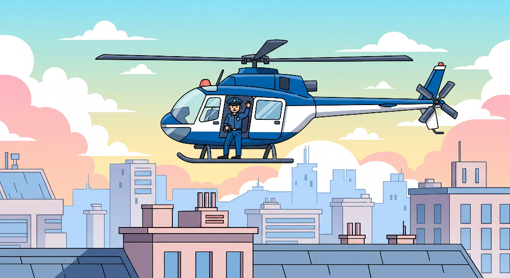 Kids-Mundo flat artwork of a police helicopter over a city skyline used for this made-to-measure mural.