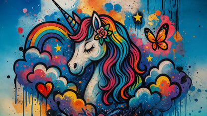 Flat artwork of the Kids-Mundo pop art unicorn wall mural with rainbow, butterfly and paint splatters