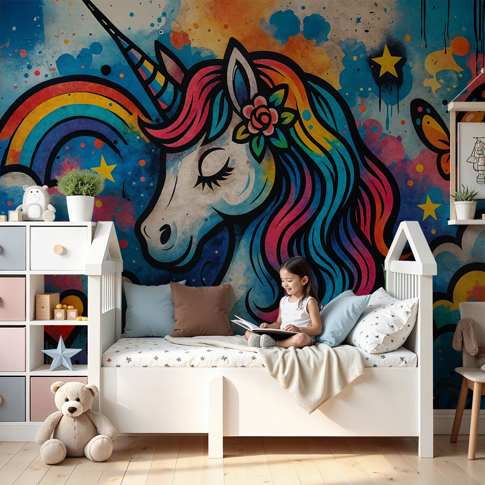 Kids-Mundo pop art unicorn wall mural styled behind a cot in a bright, colourful nursery
