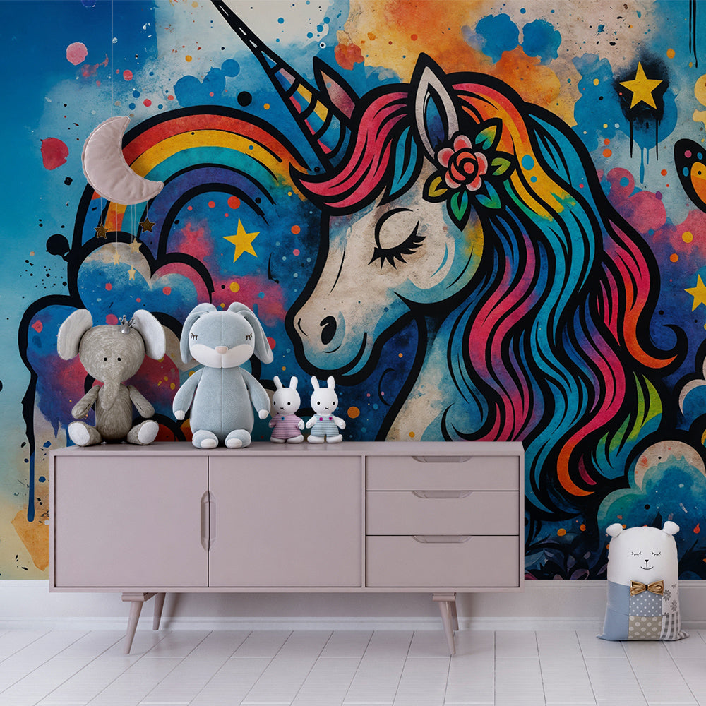 Kids-Mundo pop art unicorn wall mural covering a feature wall in an energetic playroom