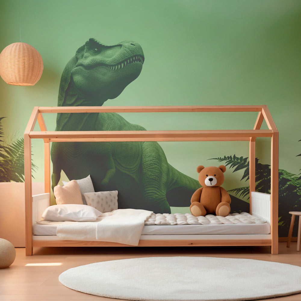 T-Rex jungle mural wallpaper in children's playroom showcasing tropical dinosaur theme by Kids-Mundo