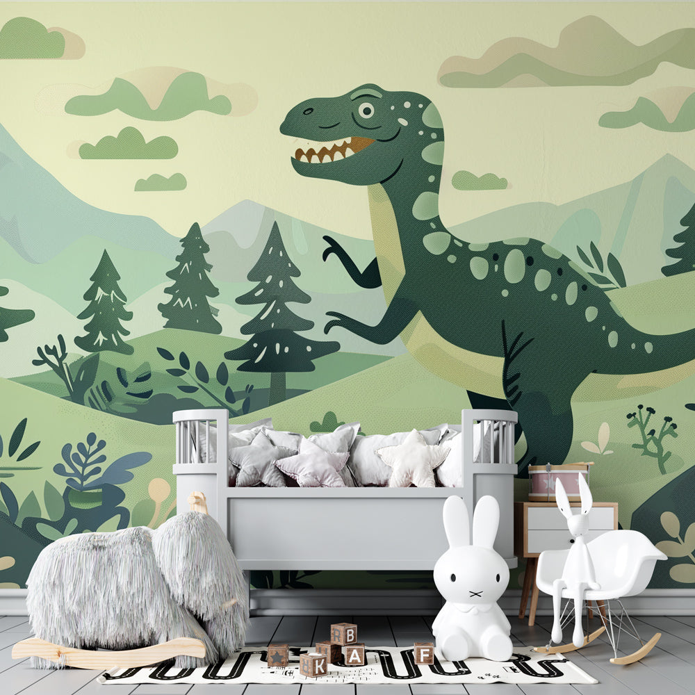 Stylized dinosaur forest mural wallpaper transforming toddler room into adventure space