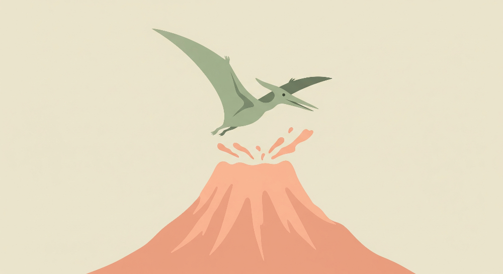 Kids-Mundo pterodactyl flying over an erupting volcano artwork on a soft beige background