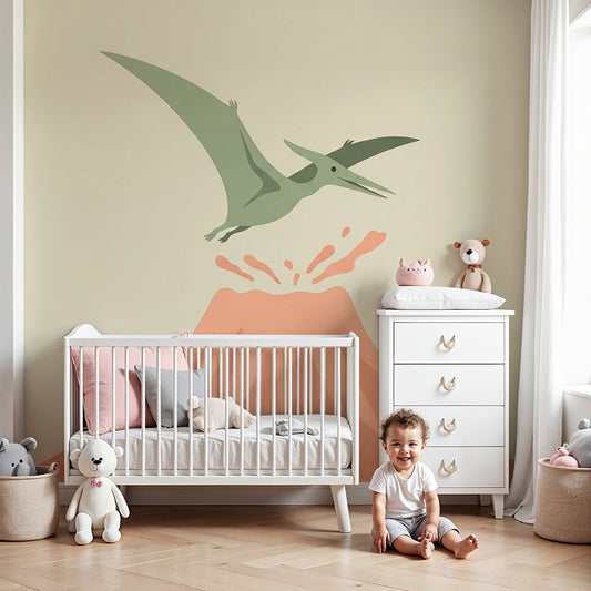 Kids-Mundo pterodactyl volcano wall mural above a cot in a calm, neutral nursery