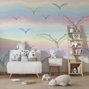 Colorful pterosaur wallpaper transforming children's bedroom with prehistoric theme and pastel colors