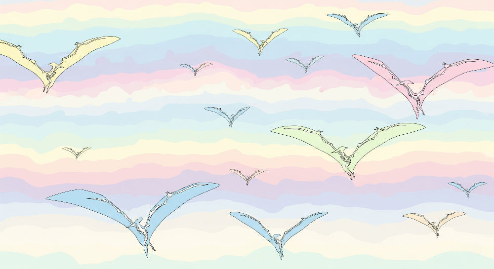 Detailed pterosaur mural wallpaper design pattern showing colorful flying dinosaurs on pastel background by Kids-Mundo