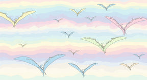 Detailed pterosaur mural wallpaper design pattern showing colorful flying dinosaurs on pastel background by Kids-Mundo