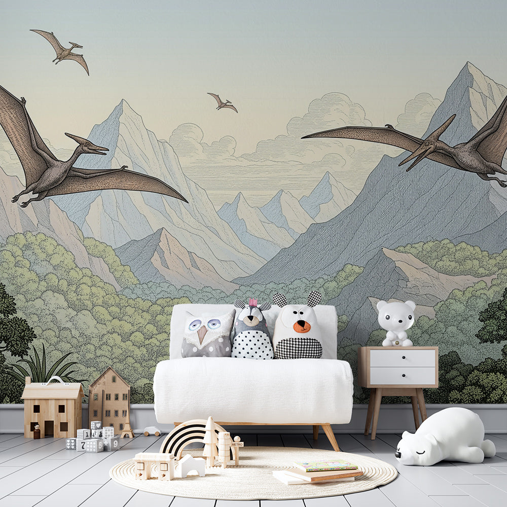 Kids-Mundo pterosaur wall mural covering a wall in a dinosaur-themed children's playroom
