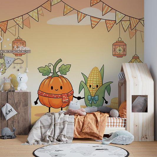 Kids-Mundo harvest pumpkin and corn mural brightening a cosy kids bedroom wall