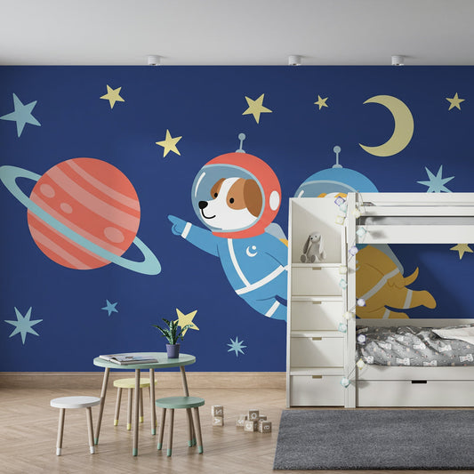 Kids-Mundo puppy astronaut wall mural styled on a child's navy bedroom wall