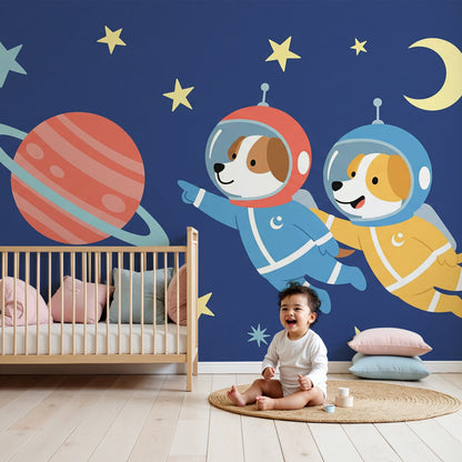 Kids-Mundo puppy astronauts and planet wall mural styled in a navy nursery