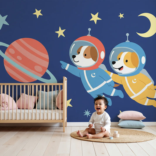 Kids-Mundo puppy astronauts and planet wall mural styled in a navy nursery