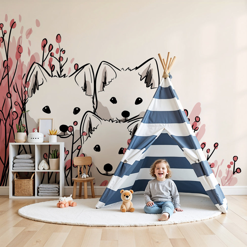 Puppy dogs mural wallpaper creating peaceful nursery decor with botanical garden theme by Kids-Mundo
