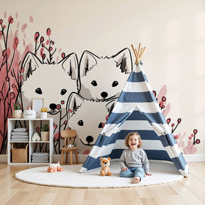 Puppy dogs mural wallpaper creating peaceful nursery decor with botanical garden theme by Kids-Mundo