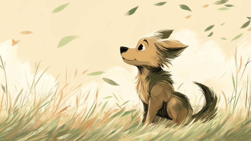 Kids-Mundo happy puppy in the meadow wall mural artwork with drifting leaves and golden grass tones.