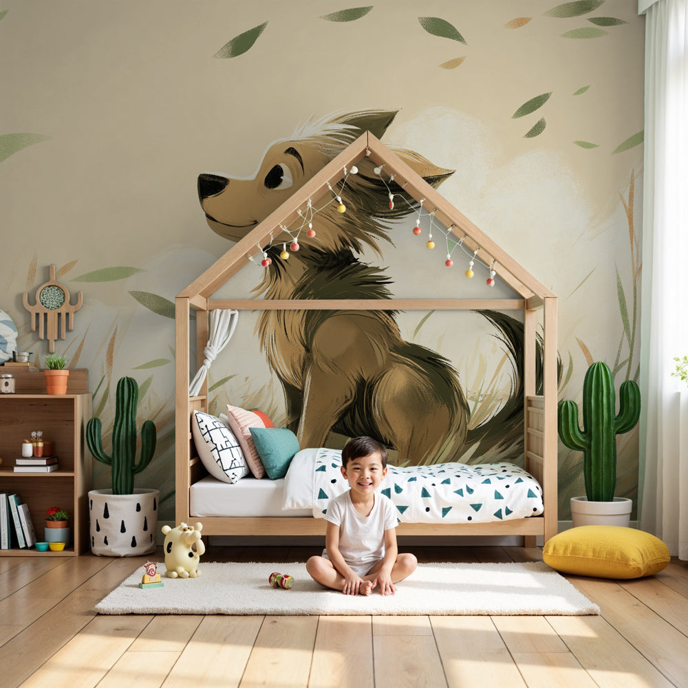 Kids-Mundo happy puppy wall mural styled in a warm, welcoming nursery.