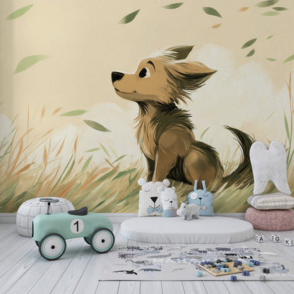 Kids-Mundo happy puppy mural bringing golden meadow charm to a playroom wall.