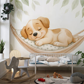 Children's bedroom featuring adorable puppy wallpaper with natural green and beige tones
