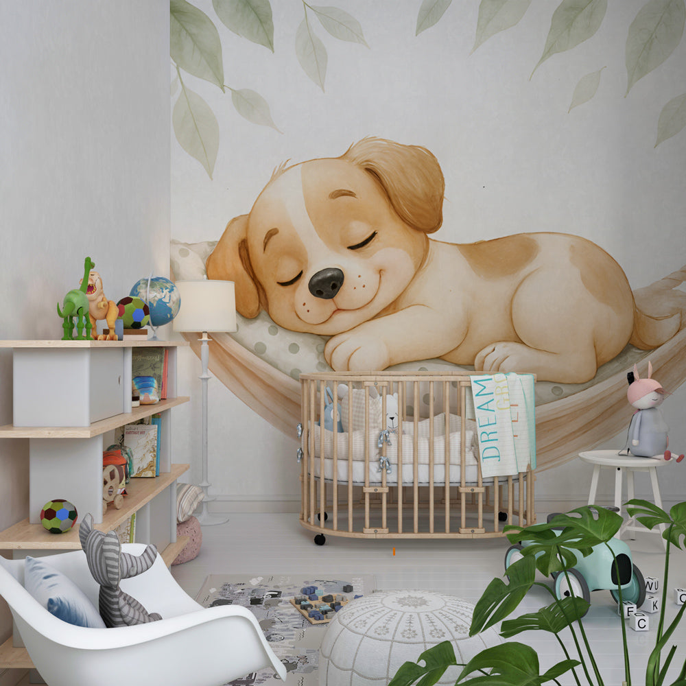 Sleeping puppy mural wallpaper creating serene atmosphere in modern kids room by Kids-Mundo