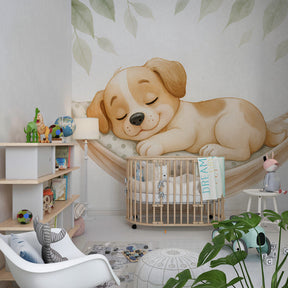 Sleeping puppy mural wallpaper creating serene atmosphere in modern kids room by Kids-Mundo