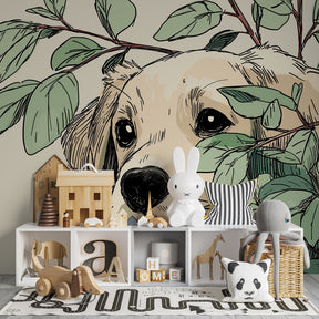 Nature-inspired puppy mural wallpaper enhancing children's playroom with warm earth tones