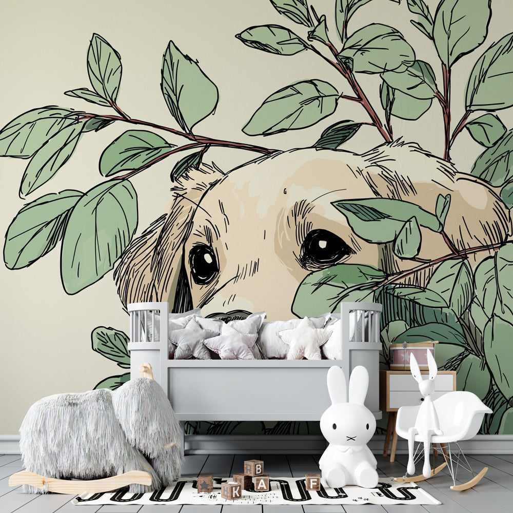 Animal-themed puppy wallpaper transforming toddler bedroom with natural green foliage design