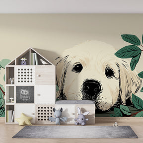 Gentle puppy wallpaper with green foliage transforming baby room into peaceful sanctuary