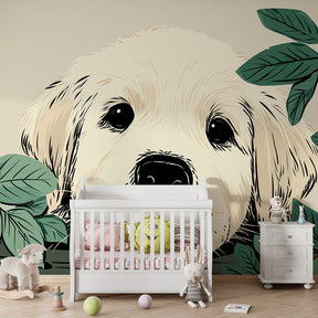 Adorable dog mural wallpaper creating cozy atmosphere in children's bedroom with natural decor