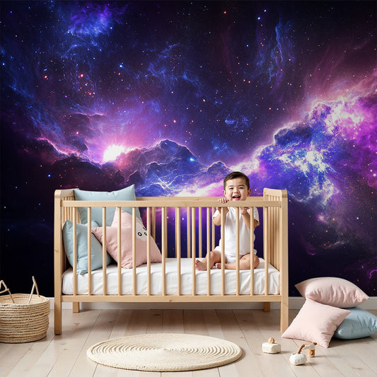 Kids-Mundo purple galaxy nebula wall mural styled above a cot in a bold, starry nursery
