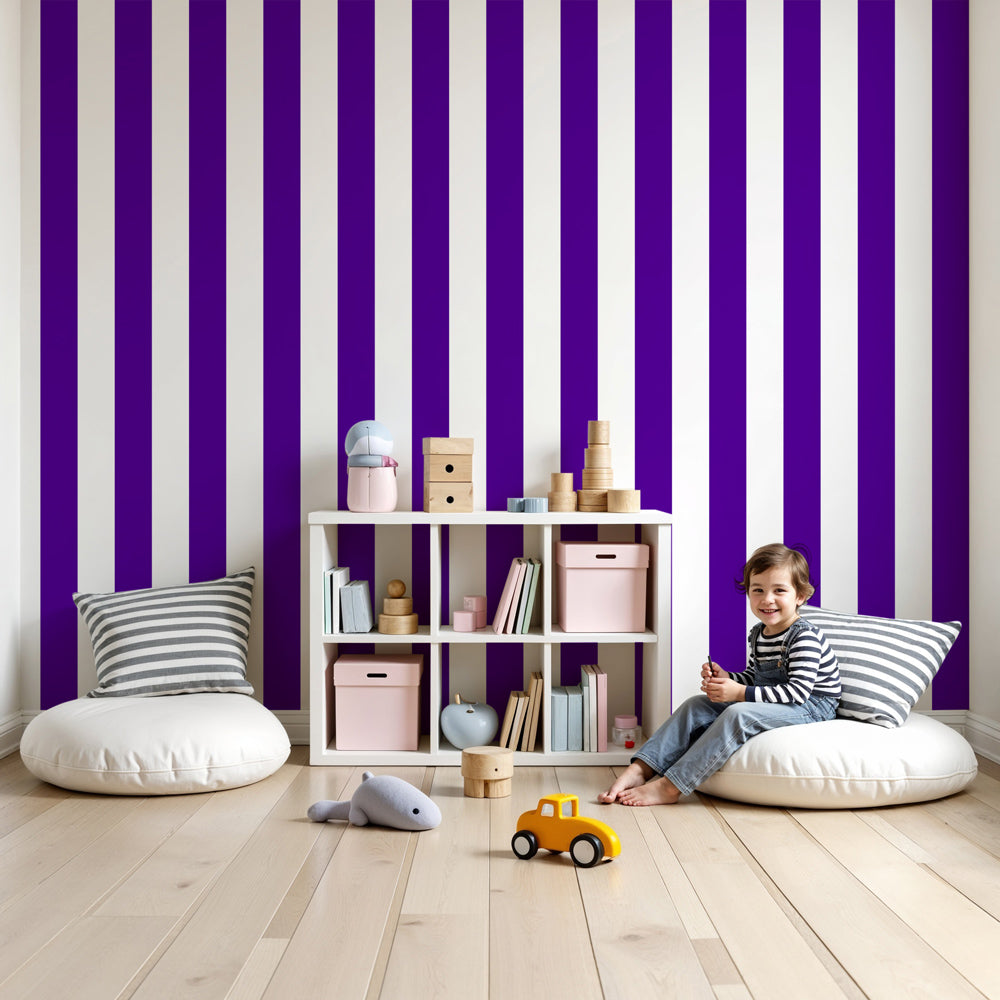 Purple and white striped mural wallpaper in modern kids bedroom by Kids-Mundo