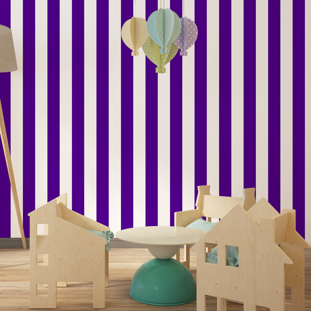 Modern purple striped wallpaper creating vibrant nursery atmosphere with white accents