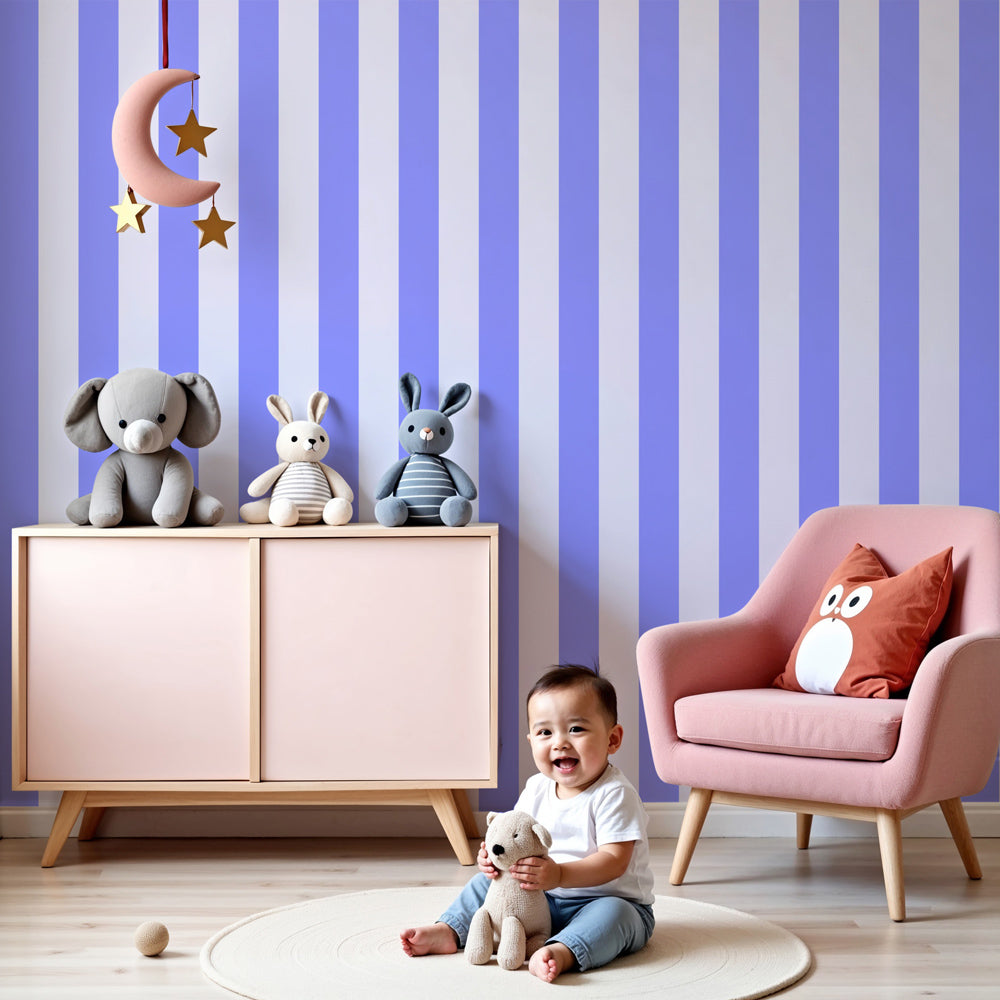 Purple striped mural wallpaper in elegant nursery with violet lines by Kids-Mundo